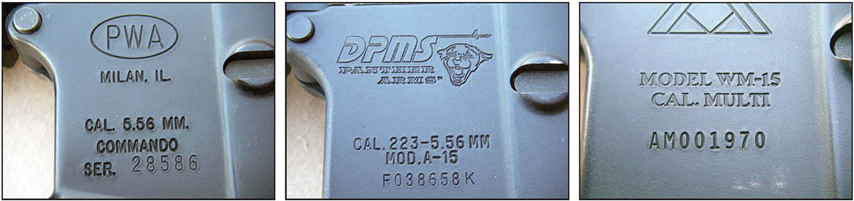 Stampings on lower receivers, like those pictured here, often provide conflicting information. Barrel markings are the only secure way to determine cartridge and twist rate.
